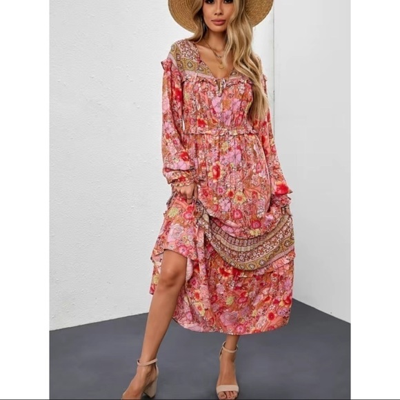 NEW Boho Pink Red Floral Ruffle Maxi Dress - Picture 1 of 4
